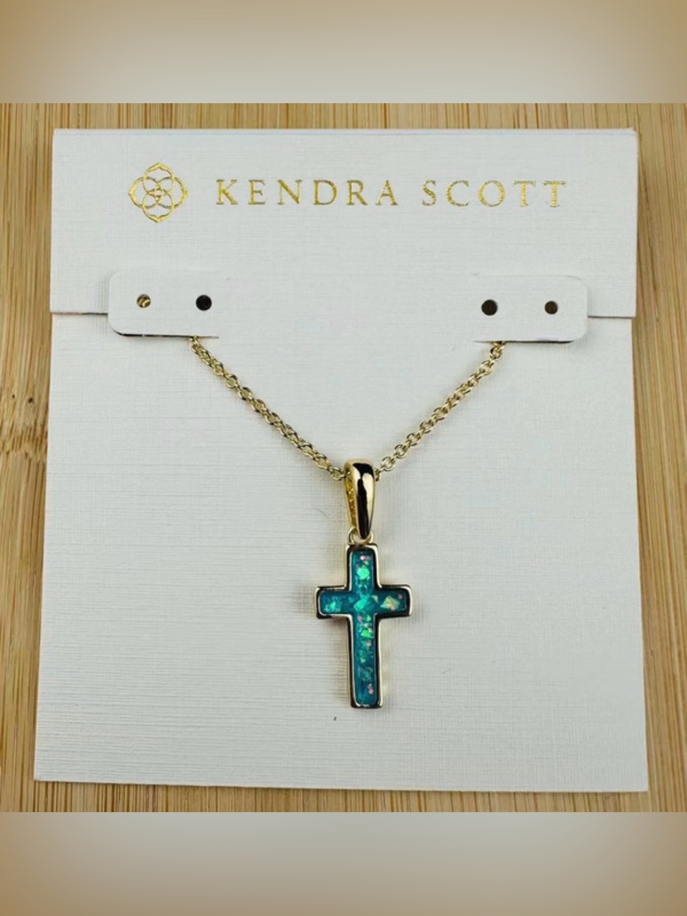 KENDRA SCOTT Periwinkle Blue Kyocera Opal Cross 14K Gold Necklace Dust Bag NWT